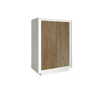 Rangement 2 portes blanc laqué façades aspect bois finition Mercure piètement socle - AZONTO -