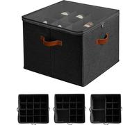 Rangement à chaussures, 16 compartiments, support à chaussures réglable avec protection en tissu transparent, compartiments rabattables, support à chaussures, caisson avec poignée, noir