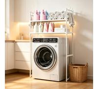 Rangement au-dessus Lave-Linge avec Crochets, Étagère Salle de Bain | Meuble au-dessus lave-linge 2 niveaux avec crochets, charge 40kg/niveau et clips muraux.(White)