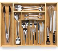 Rangement de cuisine argenté, réglable jusqu'à 91 cm, tiroir à couverts extensible avec support pour couverts en étain et compartiment à couverts, rangement en plastique pour cuillères, fourchettes et