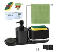 Rangement de cuisine avec distributeur de savon et éponge à vaisselle, distributeur de savon rechargeable avec entonnoir et support pour éponge, compatible avec le rangement de cuisine (noir)