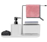 Rangement de cuisine avec distributeur de savon et kit pour distributeur, distributeur de savon 3-en-1 et porte-éponge, rangement de cuisine adapté à l'évier (blanc)