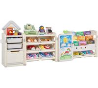 Rangement des jouets & bibliothèque - Étagère de rangement à 4 niveaux - Dix boîtes en plastique - Planche à dessin intégrée - HDPE robuste - Pour les enfants & les salles de ris/Beige