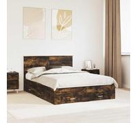 Rangement intégré Chêne fumé Moderne 140 x 190 cm Marron | Cadre de lit Chêne fumé 140 x 190 cm Bois d'ingénierie avec rangement tiroirs tête de lit sommier lattes inclus