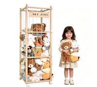 Rangement Peluche 3 Étages en Bois avec Roues Mobiles 360° et Freins-Grande Capacité 137×41cm, Range Peluche pour Chambre Enfant, Salle de Jeux, Crèche, Étagère à Jouets Sécurisée Angles Arrondis