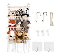 Rangement Peluche Chambre Enfant 38x100cm, 4 Étages Filet Peluche à Suspendre, 2 Crochets Adhésifs, 2 Crochets, 3 Clous Sans Trace, 80cm Corde Coton, Boho Macramé, Range Peluche Organisateur de Jouets