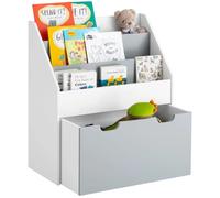 Rangement pour jouets - Coffre à jouets à roulettes - 3 compartiments - Bibliothèque en bois - Pour chambre d'enfant et salle de jeux - Gris et blanc
