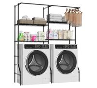 Rangement pour le linge - Étagère à poser pour lave-linge/sèche-linge, 4 niveaux - Étagères réglables, tringles à linge et crochets - Pliable - Structure en acier, imperméable - Noir