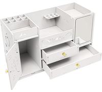 Rangement pour maquillage - Boîte de rangement pour cosmétiques / Organiseur de maquillage - Avec tiroir et miroir - PVC aspect bois - Grand format 45 × 19 × 27 cm - Blanc