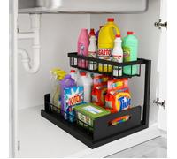 Rangement Sous Évier Coulissant à 2 Niveaux, Organisateur de Placard, Étagère de Rangement pour Cuisine et Salle de Bain, Noir