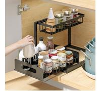 Rangement sous Évier Cuisine, Métal Organisateur sous Evier Tiroir Coulissant à Extraction 2 Étages Forme en L, Noir