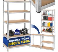 Rangement - TECTAKE - Étagère d'angle pour charges lourdes en MDF résistant et réglable, jusqu'à 750 kg, 180 x 90 x 40 cm - Argent