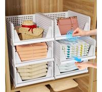 Rangement Vetement, Plastique Organisateur Armoire Vetement, Lot de 4 | Tiroir Placard, Boite Rangement Plastique Empilable pour Placard, Chambre à Coucher, Salle de Bain, Cuisine, 4L Tiroir Blanc