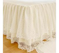 RANJIMA Jupe de lit pliée, 150 x 200 cm, couvre-lit double couche avec jupe à volants à enrouler, cache-sommier avec dentelle, style français, cadeau pour femme, beige