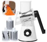 Râpe de cuisine manuelle Unyqoos® avec une ventouse puissante et 3 tambours interchangeables – adaptée aux aliments, lavable au lave-vaisselle, pour le fromage, les légumes et les noix