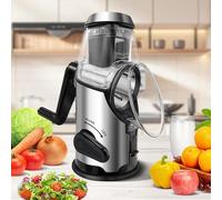 Râpe de cuisine rotative Unyqoos® avec poignée – en acier inoxydable et sans BPA, avec 3 lames interchangeables, ventouse et protecteur pour les doigts, idéale pour le fromage et les légumes