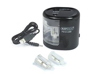 Rapesco 1449 PS12-USB Taille-Crayon Électrique Automatique, Noir | à Utiliser avec Câble USB (inclus) ou Piles (non inclus)