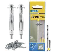 Rapid - Chevilles Métalliques à Expansion - 25kg - 3-20mm - 10pcs | Pour fixations sur plaques de plâtre et cloisons creuses - Acier C1022 zingué - Inclus foret et embout de serrage - (5001548)