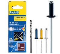 Rapid - Rivets Haute Performance colorés - Ø4.0 x 16 mm - 32pcs avec Foret | Rivet Alu, Bleu, Jaune, Noir, Blanc - Pour Automobile, Carrosserie, Métal - Plage de serrage 9-12mm - Boîte carton (5000403)