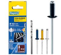 Rapid - Rivets Haute Performance colorés - Ø4.8 x 16 mm - 32pcs avec Foret | Rivet Alu, Bleu, Jaune, Noir, Blanc - Pour Automobile, Carrosserie, Métal - Plage de serrage 9-12mm - Boîte carton (5000404)