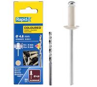 RAPID - Rivets Pop en Aluminium Ø4.8 x 12 mm, Coloris Blanc Crème, Rivets Aveugles pour Gouttières / Tuyaux / Tôle - Foret Inclus - 50 Pièces, Emballage Carton (5001469)