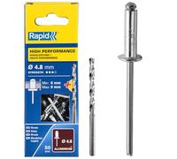 Rapid - Rivets Haute Performance en Alu - Ø4.8 x 12 mm - 50pcs avec Foret | Rivets Aveugles pour Garde-Boue, Métal, Panneaux, Tôle & Plastique - Plage de serrage 6-9mm - Boîte carton (5000388)