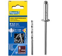 RAPID - Rivets Haute Performance en Aluminium Ø3.2 x 8 mm - Rivets Aveugles pour Garde-Boue / Revêtements Métal & Plastique / Panneaux / Tôle - Foret Inclus - 50 Pièces, Emballage Carton (5000383)