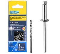 Rapid - Rivets Pop en Acier Inoxydable - Ø3.2 x 8 mm - 50pcs avec Foret | Rivets de type AISI304 2 - Pour les applications en extérieur - Plage de serrage 2-4mm - Boîte carton (5000393)
