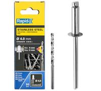 RAPID - Rivets Pop en Acier Inoxydable Ø4.0 x 12 mm, Rivets Aveugles pour Plaques d'Immatriculation / Garde-Boue / Revêtements Métalliques / Tôle - Foret Inclus - 50 Pièces, Emballage Boîte (5000394)