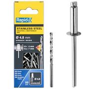 Rapid - Rivets Pop en Acier Inoxydable - Ø4.8 x 10 mm - 50pcs avec Foret | Rivets de type AISI304 2 - Pour les applications en extérieur - Plage de serrage 4-7mm - Boîte carton (5000396)