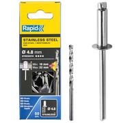 RAPID - Rivets Pop en Acier Inoxydable Ø4.8 x 25 mm, Rivets Aveugles pour Plaques d'Immatriculation / Garde-Boue / Revêtements Métalliques / Tôle - Foret Inclus - 50 Pièces, Emballage Boîte (5000398)