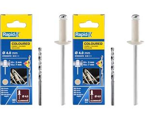 RAPID - Rivets Pop en Aluminium Ø4 x 10 mm, Revêtement Blanc Crème, Rivets Aveugles pour Gouttières/Tuyaux/Tôle - Foret Inclus - 50 Pièces, Emballage Carton (5001464) (Lot de 2)