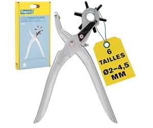 Rapid RP03 - Pince à poinçons pour le cuir - poinçons de 2.0 à 4.5 mm | Finition chromée - Pour Usage pro et le Bricolage, Pince perforatrice, 6 tailles de poinçons - Emballage carton FSC (5001724)