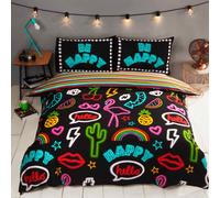 Be Happy Fluo Housse Couette Simple Et Taie Set Noir Polycoton Literie Neuf