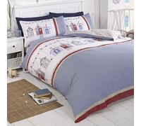 Rapport London – Parure de lit double – Motif cabines de plage bleu – Housse de couette réversible