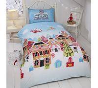 Rapport Gingerbread Town Parure de lit Simple pour Enfant avec Housse de Couette 2 pièces, Motif Festif, Bleu