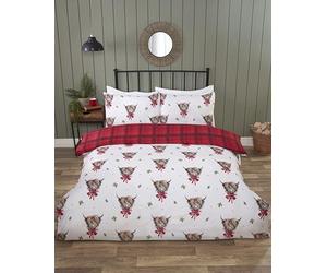 Rapport Home Fergus Parure de lit réversible avec Housse de Couette - Vaches Highland à Carreaux Rouges pour lit Double