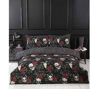 Rapport Home Parure de lit avec Housse de Couette et taie d'oreiller, Motif crânes et Roses, Noir, Housse de Couette en Polyester Doux et Facile d'entretien pour Adultes et Adolescents - King Size