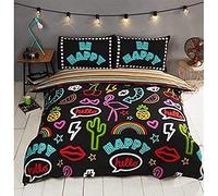 Rapport Parure de lit Double | Parure de lit réversible à Rayures Graffiti Noir Fluo | Mélange de Polycoton Doux | Couette 200 x 200 cm et 2 taies d'oreiller | Décoration de Chambre d'enfant et