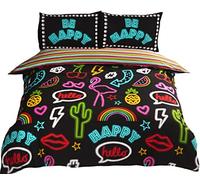 Rapport Parure de lit Funky réversible à Rayures en Polycoton - Noir - Néon - 1 Place