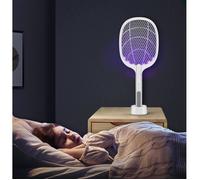 Raquette Anti-Moustique et Insectes Electrique Rechargeable par USB LED Éclairage Lampe 3 Couches Protection en Maille, Blanc