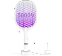 Raquette Electrique Insectes 5000V,2000mAh Raquette Moustiques Electrique UV avec Base de Recharge USB-C,2 en 1 Raquette Electrique
