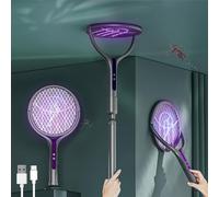 Raquette Electrique Insectes Rechargeable, Raquette Moustique 2800V 106cm | Raquette électrique 2 en 1, tapetteelectrique à mouche, tête inclinable 90°, manche télescopique, lampe UV, recharge USB