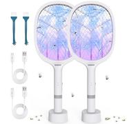 Raquette Moustique Electrique (2 pcs), 4800V Raquette Electrique Insectes UV avec Base de Chargement, 2EN1 USB Rechargeable Tapette à Mouches électrique, Raquette Anti Moustique Electrique 1800mAh