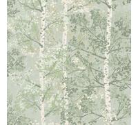 Rasch Echoes of Eden Silverwood Papier peint bouleau métallique Vert | Revêtement mural pour chambre à coucher, salon et salle à manger, imprimé arbre intégral avec feuilles, accents chatoyants