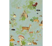 Rasch Onszelf Stories 557640 Papier peint photo intissé Motif habitants de la forêt et feuilles vertes, bleues et brunes 2,80 x 2,00 m (L x l)