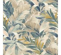 Rasch Papier peint intissé 865202 - Clair - Avec feuilles de palmier - Beige, vert et bleu - Jungle - Avec palmiers - Rouleau Tapisserie - 10,05 m x 0,53 m (L x l)