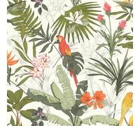 Rasch Papier peint intissé clair avec motif jungle et perroquets en vert, rouge et orange, 10,05 x 0,53 m (L x l)