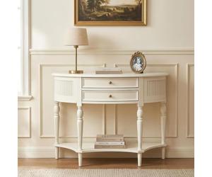 RASJCGRCOA Table Console Demi Lune avec 2 Tiroirs et Étagère de Rangement | Meuble d'Entrée Demi Cercle Étroit pour Petit Espace, Bout de Canapé Rétro Style Champêtre, Pour Couloir et Hall