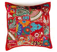 Rastogi Handicrafts Housse de coussin en patchwork faite main Patchwork de sari Motif indien ethnique, Tissu, Rouge, 40 x 40 cm